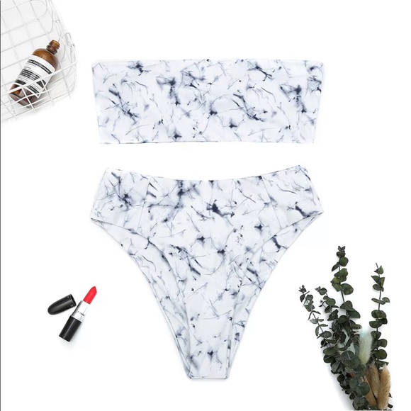 215. marble high waist bandeau swimsuit - Picture 4 of 6